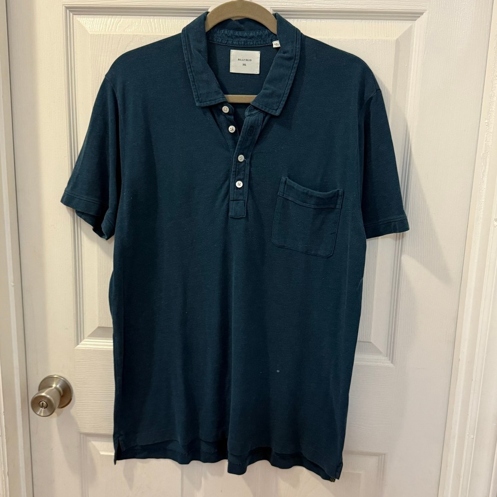 Billy Reid Men's XXL Dark Blue Cotton Polyester Short Sleeve Polo Shirt Pocket